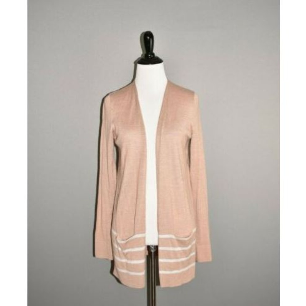 LOFT Pink Striped Wool Blend Open Cardigan